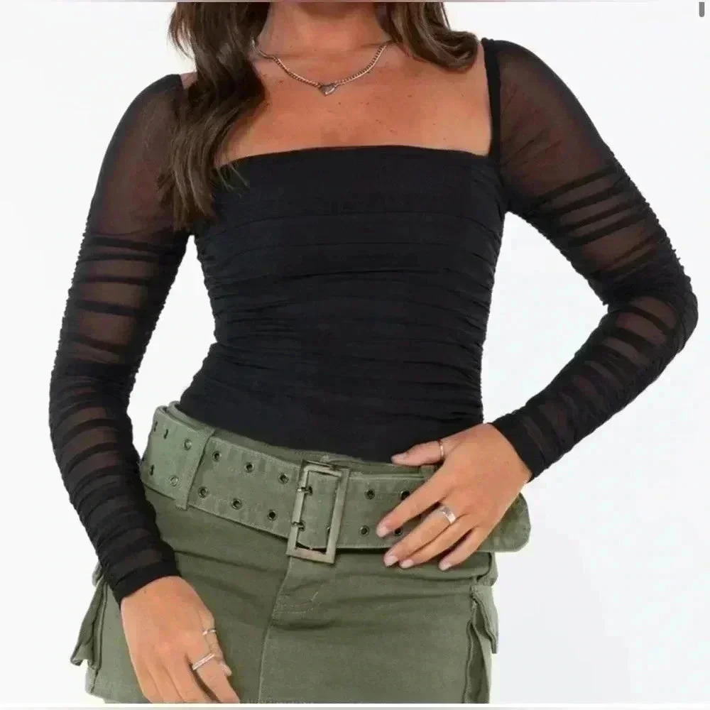 Princess Polly Black Sheer Long Sleeve Square Neck Bodysuit